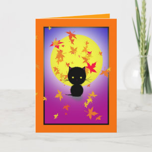 Little Black Cat und Autumn Leaves Halloween Card Karte