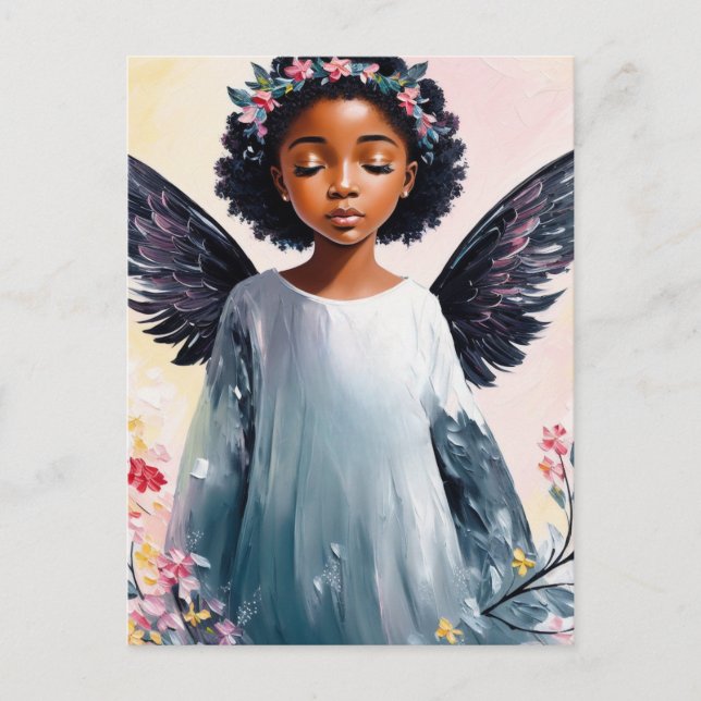 Little Black Girl Angel Floral Art Postkarte (Vorderseite)