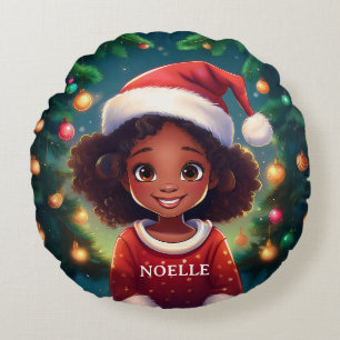 Little Black Girl Christmas Weihnachtsmannmütze Rundes Kissen