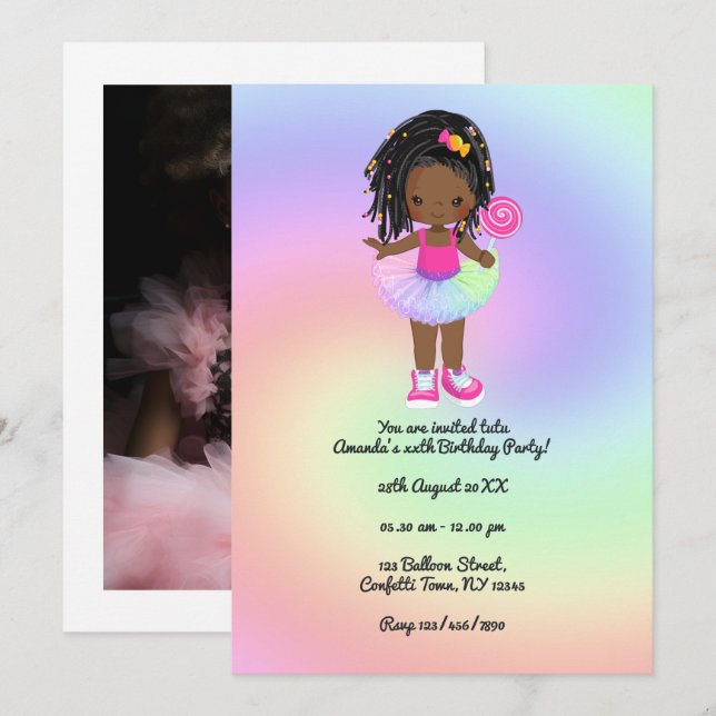 Little Black Girl Colorful Tutu Geburtstagsparty Einladung (Vorne/Hinten)