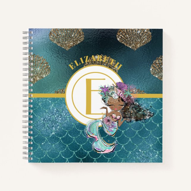 Little Black Mermaid Blue Scales Monogram Girls Notizbuch (Vorderseite)