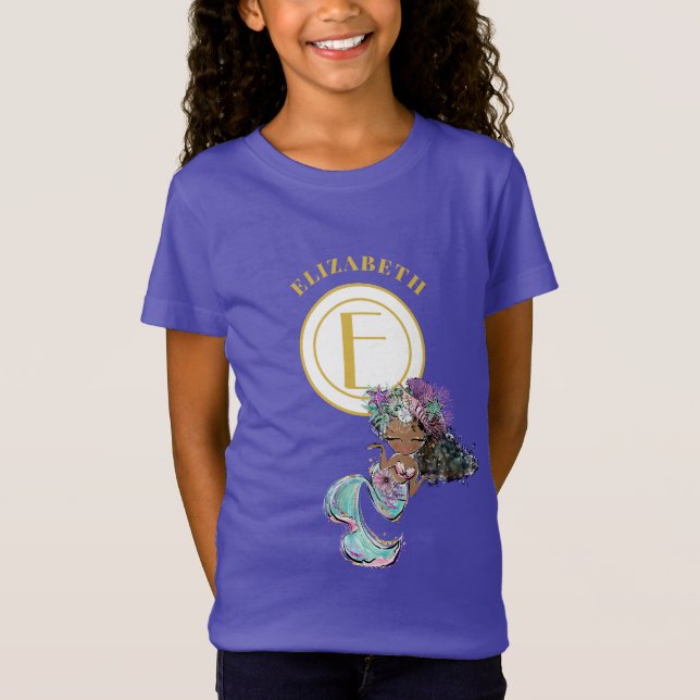Little Black Mermaid Hübsch Blue Gold Monogram T-Shirt (Vorderseite)