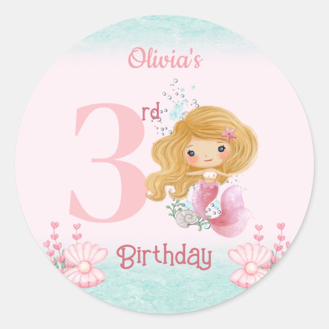 Little Blond Mermaid Pink Girl Birthday Runder Aufkleber (Vorderseite)