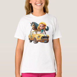 Little Blonde Girl mit Mustang Car Pony Pferd T-Shirt