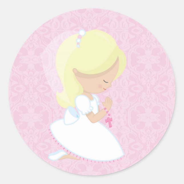 Little Blonde Girl, Pink, Erste Kommune Runder Aufkleber (Vorderseite)