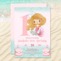 Little Blonde Mermaid Pink 1. Geburtstag Einladung