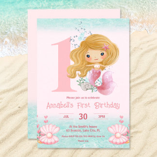 Little Blonde Mermaid Pink 1. Geburtstag Einladung