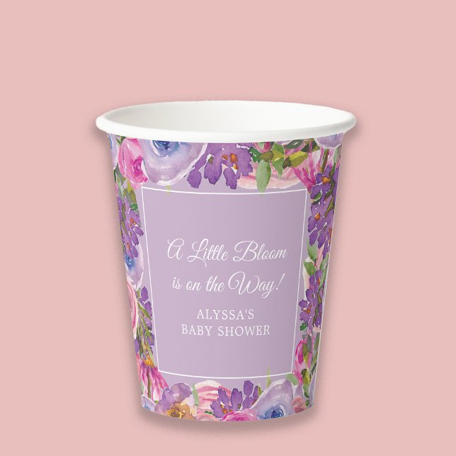 Little Bloom Lila Pink Floral Baby Dusche Pappbecher (Pink and purple watercolor floral "Little bloom" baby girl shower paper cup)