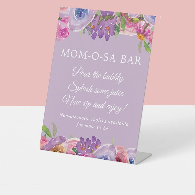 Little Bloom Lila Pink Floral Baby Girl Momosa Sockelschild (Pink and purple watercolor floral Mom-o-sa bar sign for a baby girl shower)