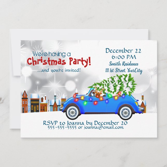 Little Blue Car & Tree Christmas Custom Einladung (Vorderseite)