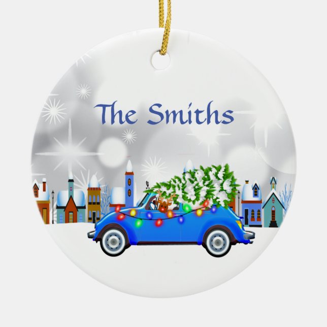 Little Blue Car & Tree Christmas Custom Keramik Ornament (Vorne)