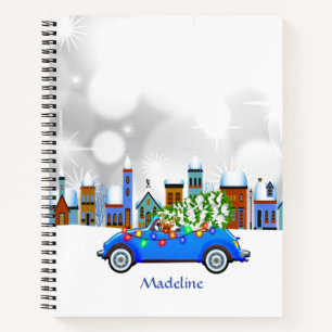 Little Blue Car & Tree Christmas Custom Notizbuch