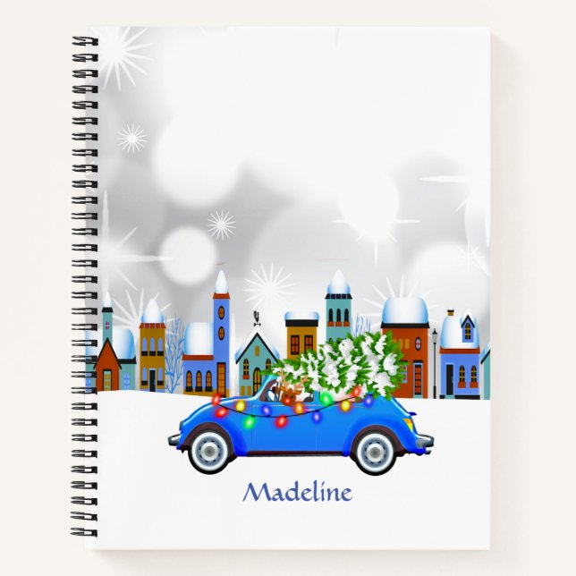Little Blue Car & Tree Christmas Custom Notizbuch (Vorderseite)