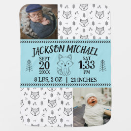 Little Blue Fox Birth Stat Baby Blanket Babydecke