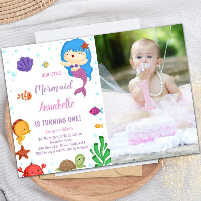 Little Blue heir Meerjungfrau Einladungen mit Foto (Little Blue heir Mermaid Invitations with photo)