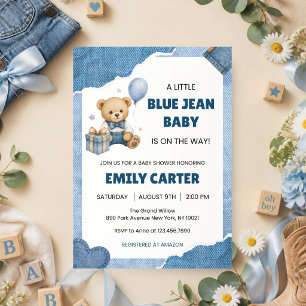 Little Blue Jean Baby Shower Teddy Bear Denim Einladung