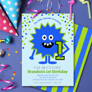Little Blue Monster Boy 1. Geburtstag Niedlicher S Einladung