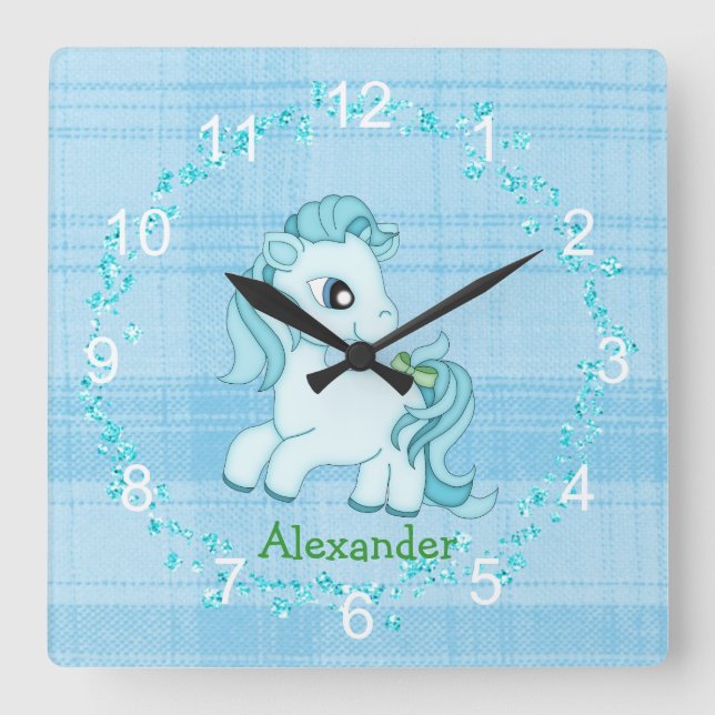 Little Blue Pony Kinderzimmer Wall Clock Quadratische Wanduhr (Vorderseite)