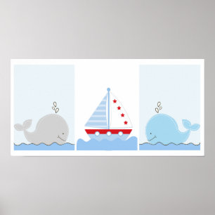 Little Blue Whale and Sailboat Art Prints Poster
