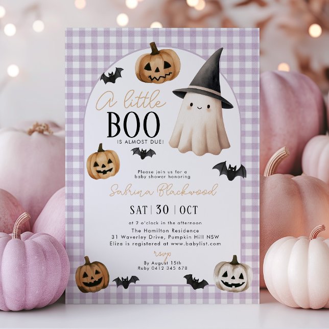 Little Boo Baby Dusche Lila Ghost Pumpkin Einladung (A little Boo is almost due! purple halloween themed baby shower invitation with ghost and pumpkins)