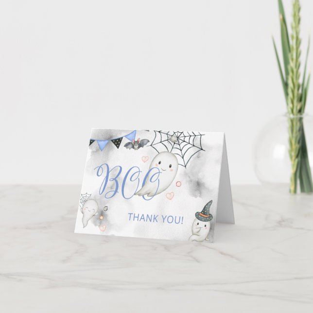 Little Boo Blue Halloween Ghost Baby Dusche Dankeskarte (Vorderseite)