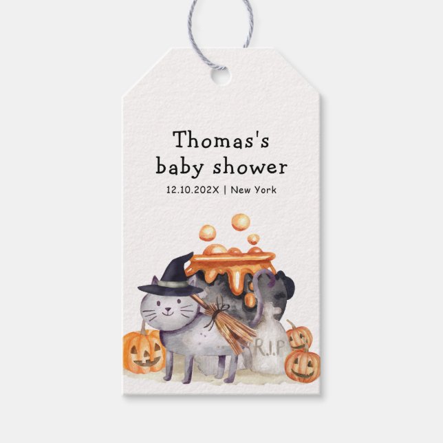 Little Boo Cat in Hexenhut Brauen Babydusche Geschenkanhänger (Vorderseite)