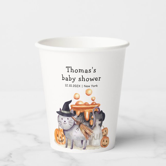 Little Boo Cat in Hexenhut Brauen Babydusche Pappbecher (Vorderseite)