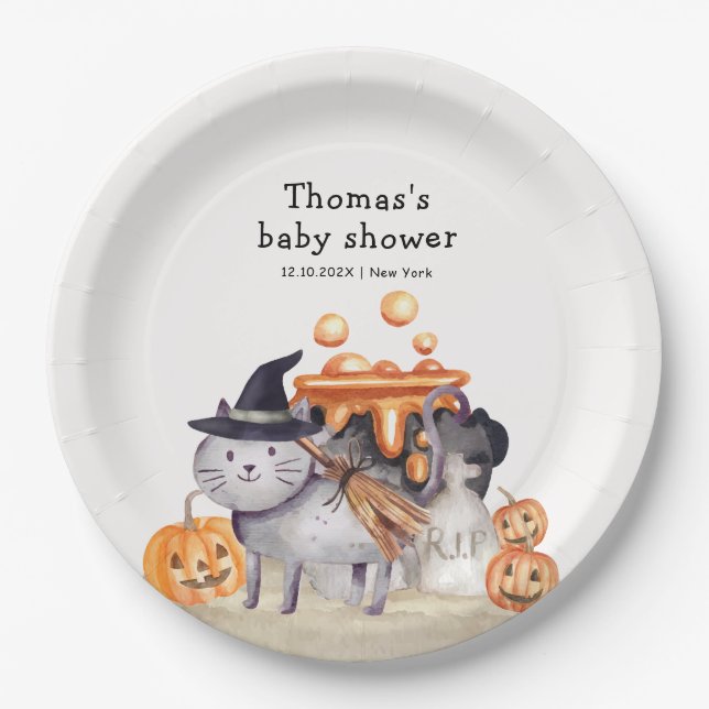 Little Boo Cat in Hexenhut Brauen Babydusche Pappteller (Vorderseite)