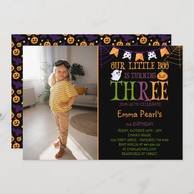 Little Boo Dreiländerdrehend drittes GeburtstagsFo Einladung (Vorne/Hinten)