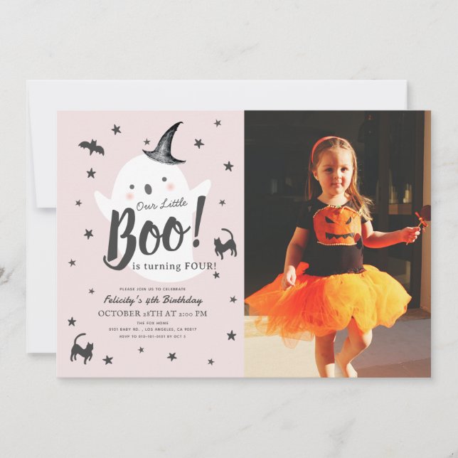 Little Boo Ghost Halloween Pink Foto Einladung (Vorderseite)