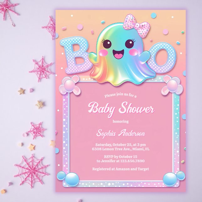 Little Boo Ghost Niedlich Halloween Girl Baby Dusc Einladung (Little Boo Iridescent Ghost Baby Shower Invitation Cute Halloween Coquette Girl Invite for Fall)