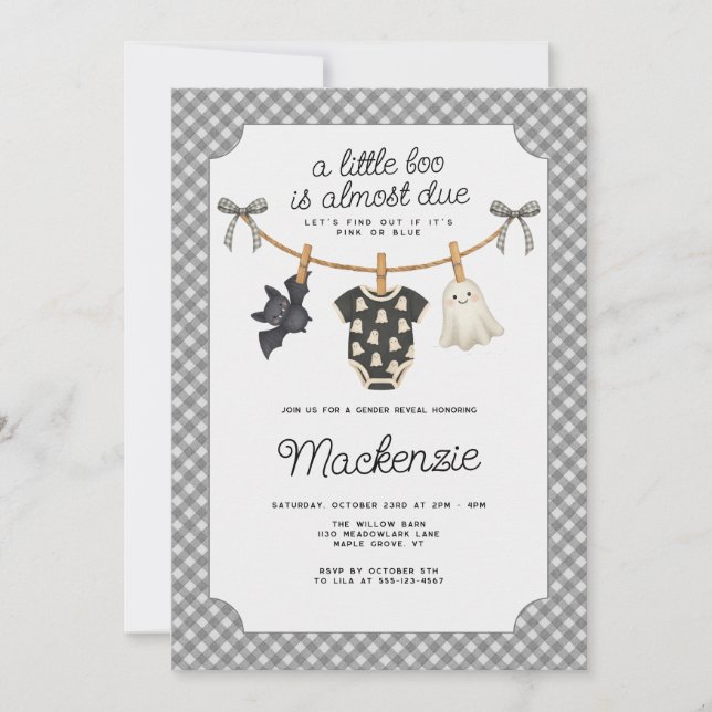 Little Boo Gingham Halloween Gender Reveal Party Einladung (Vorderseite)