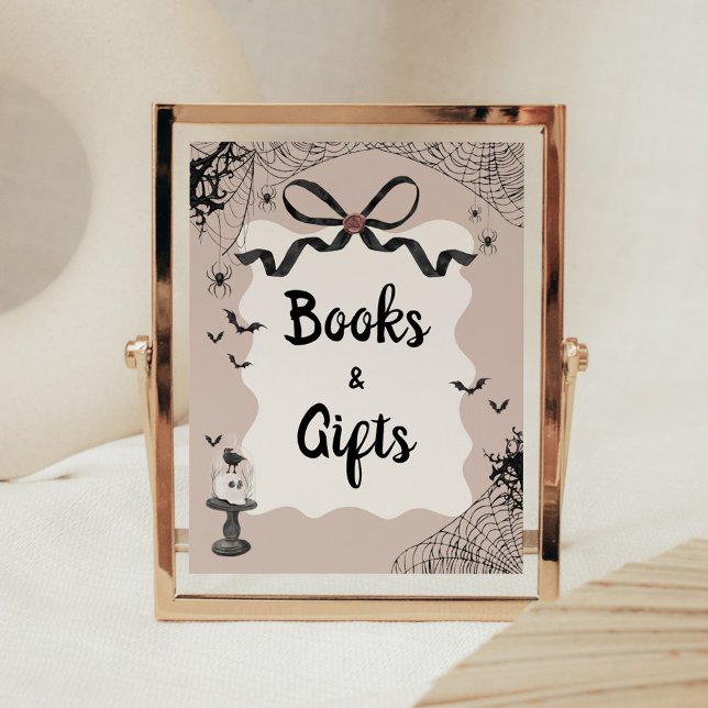 Little Boo Gothic Baby Duschbücher und Geschenke U Poster (Black Bow Little Boo Halloween Gothic Baby Shower Sign )