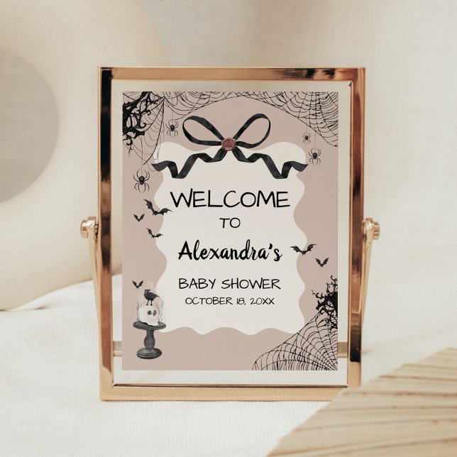Little Boo Gothic Baby Dusche Begrüßungszeichen Poster (Black Bow Little Boo Halloween Gothic Baby Shower Sign)