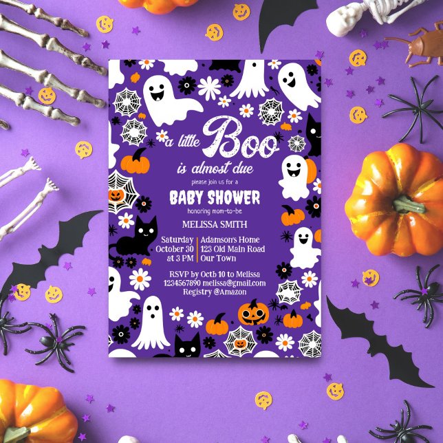 Little Boo Halloween Baby Duschgrauer Retro Einladung (Little boo Halloween baby shower template invitation digital download groovy retro cute ghosts daisy)