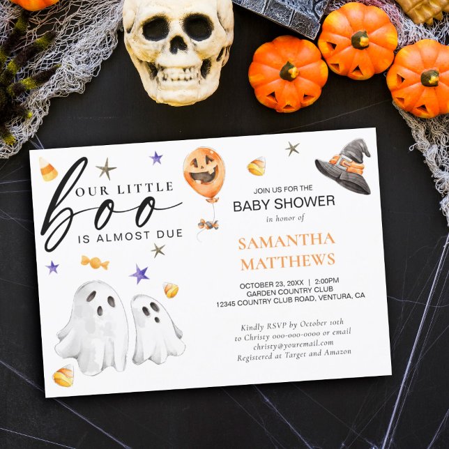 Little Boo Halloween Fall Baby Dusche Einladung (Little Boo is almost due Halloween themed baby shower invitation featuring watercolor ghosts.)