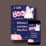 Little Boo Halloween Mädchen Dusche Begrüßungszeic Poster<br><div class="desc">Kaum kalt Halloween niedliches Girl-Girl-Baby-Dusche Willkommensschild Plakat-Vorlage digitalen Download. Ein niedlicher Babyghost mit einem rosa Haar Bogen Aquarell rosa Kürbis auf dunkelsternem Nachthintergrund für die Gestaltung der Halloween-Babydusche.</div>