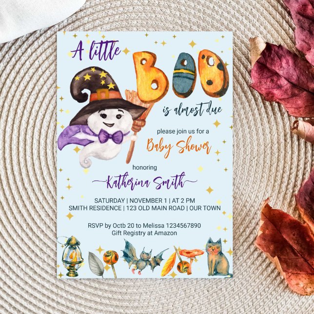 Little Boo Halloween niedliche Babyhockeydusche Einladung (Little boo Halloween baby shower template invitation instant download cute baby ghost with a hat cat)