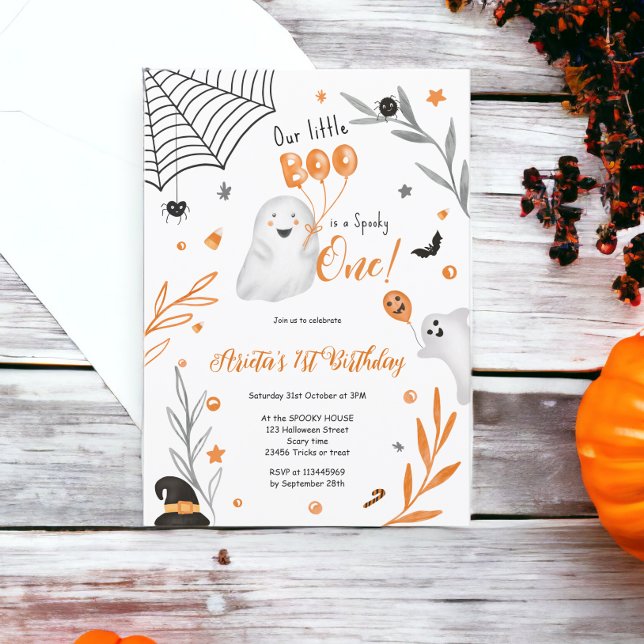 Little Boo Halloween orange spooky 1st birthday Einladung (Little Boo Halloween orange spooky 1st birthday Invitation)