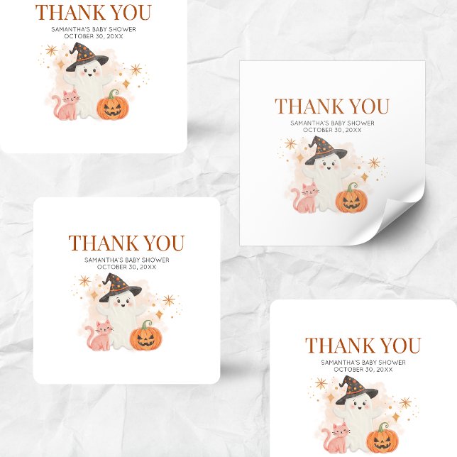 Little Boo Halloween Pumpkin Baby Shower Quadratischer Aufkleber (Halloween Little Boo Baby Shower Sticker)