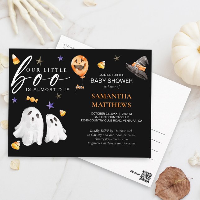 Little Boo Halloween Watercolor Babydusche schwarz Postkarte (Join us for a whimsically spooky celebration! Our little 'Boo' is on the way baby shower invite.)
