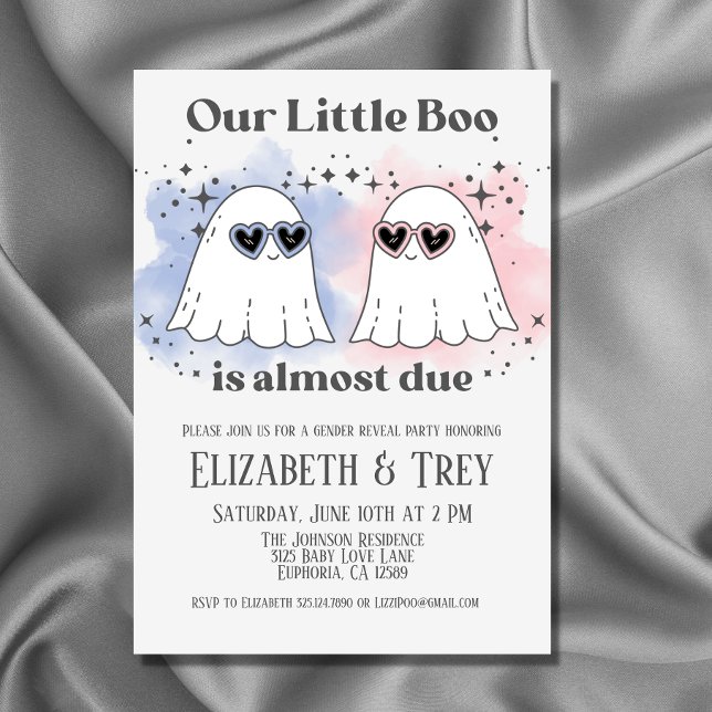 Little Boo ist beinahe zur Halloween-Genderoffenba Einladung (Add some Halloween flair to your gender reveal with this cute ghost invitation.)