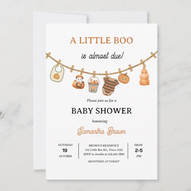 Little Boo ist Due kürbis Halloween Babydusche Einladung (Vorderseite)