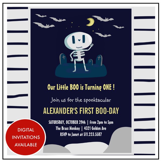 Little boo Niedlich Skeleton Halloween 1. Geburtst Einladung (Halloween-1st-Birthday-Invitation-Little-boo-Cute-Skeleton-blue-1)