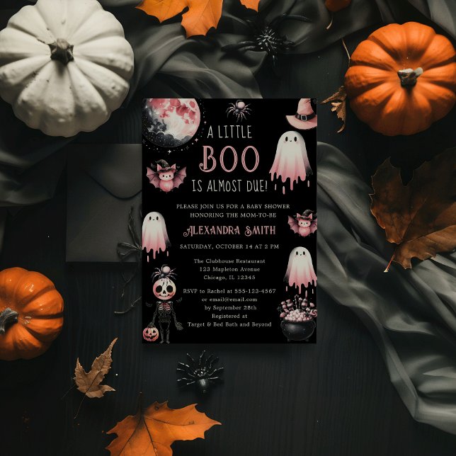 Little Boo Pink & Black Halloween Girl Babydusche Einladung (Little Boo is Almost Due! Pink & Black Halloween Girl Ghost Baby Shower Invitation)