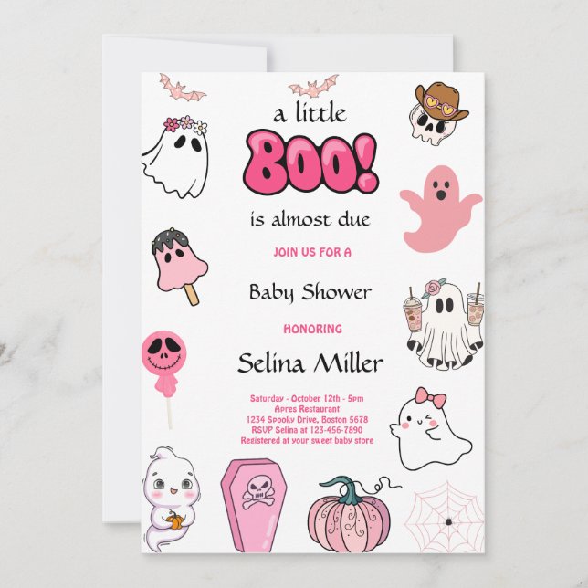Little Boo Pink Ghost Halloween Kinderdusche Einladung (Vorderseite)