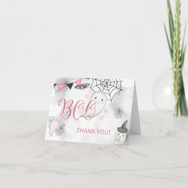 Little Boo Pink Halloween Ghost Baby Dusche Dankeskarte (Vorderseite)