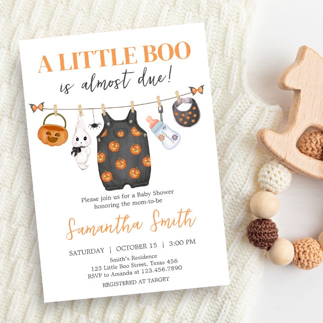 Little Boo Pumpkin Halloween Baby Shower Einladung (Little Boo Pumpkin Clothesline Halloween Baby Shower Invitation)