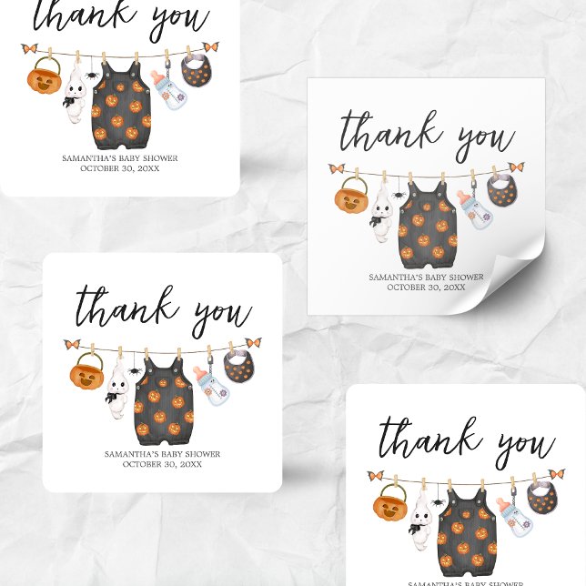 Little Boo Pumpkin Halloween Baby Shower Quadratischer Aufkleber (Little Boo Pumpkin Clothesline Halloween Baby Shower Sticker)