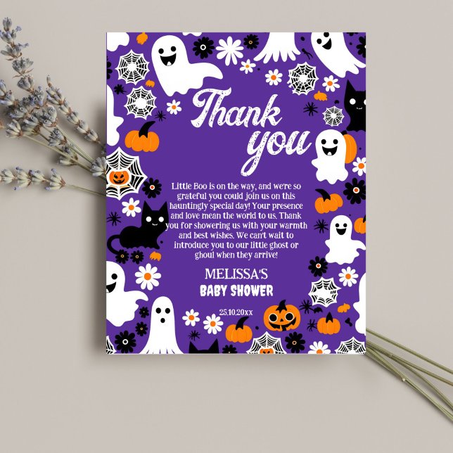 Little Bos Halloween Baby Dusche danke Karte (Halloween baby shower thank you card purple groovy retro daisy cute ghosts pumpkins daisies thanks)
